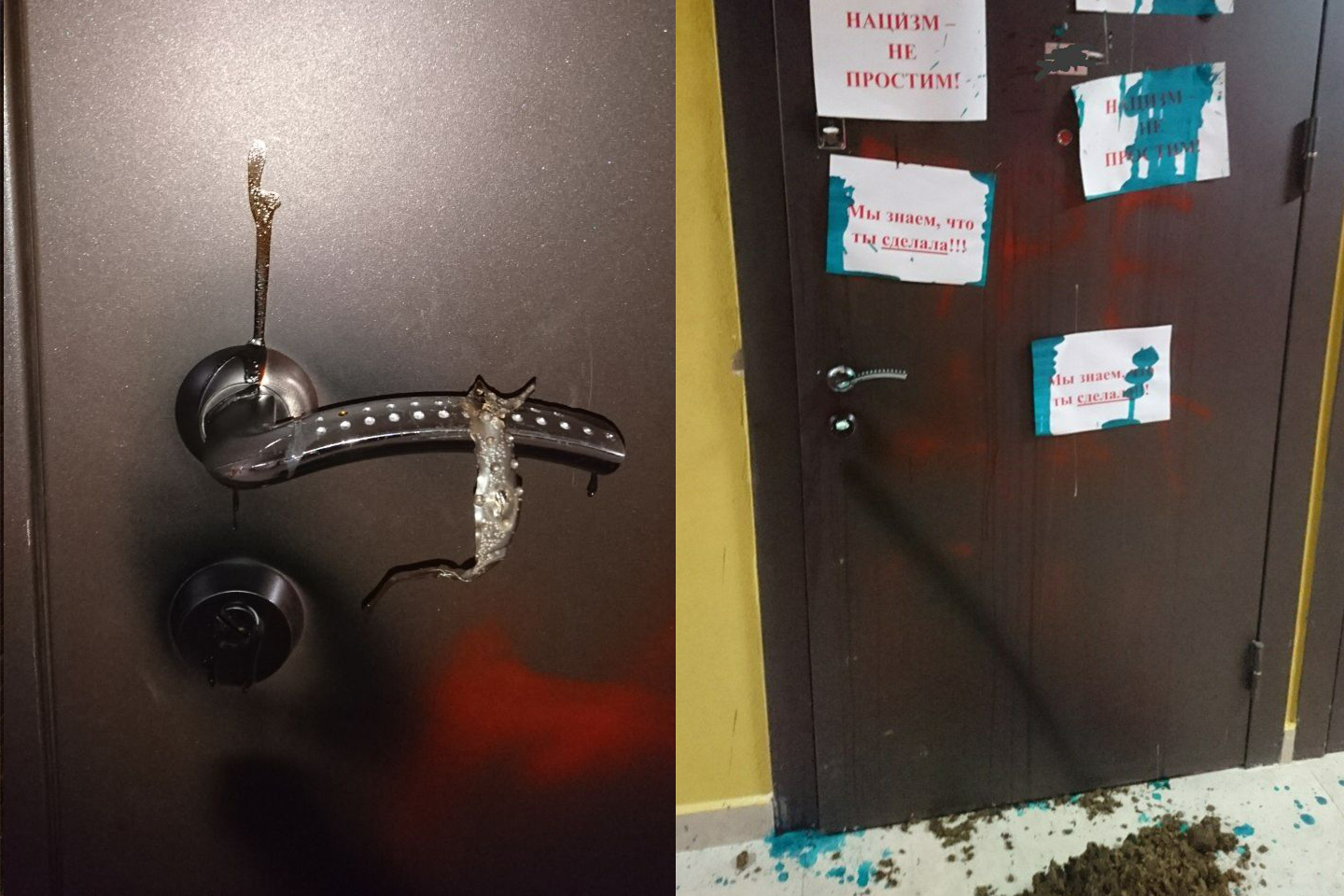 The door of Daria Heikinen, the leader of the movement “Mayak”, after the attacks on March 25 and 26 / Photo: Daria Heikinen