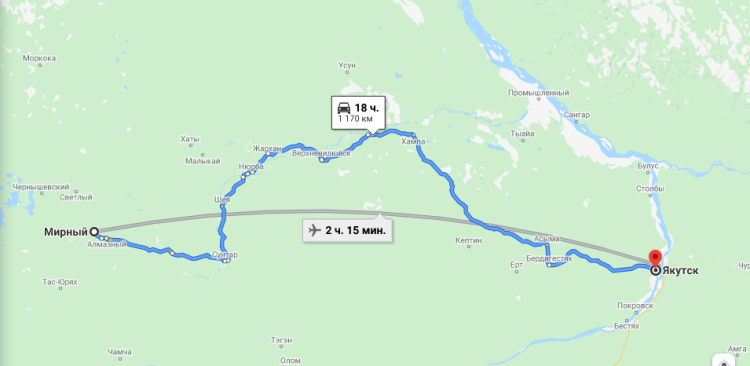 Время в пути на самолете и автомобиле из Мирного в Якутск / скриншот Google maps